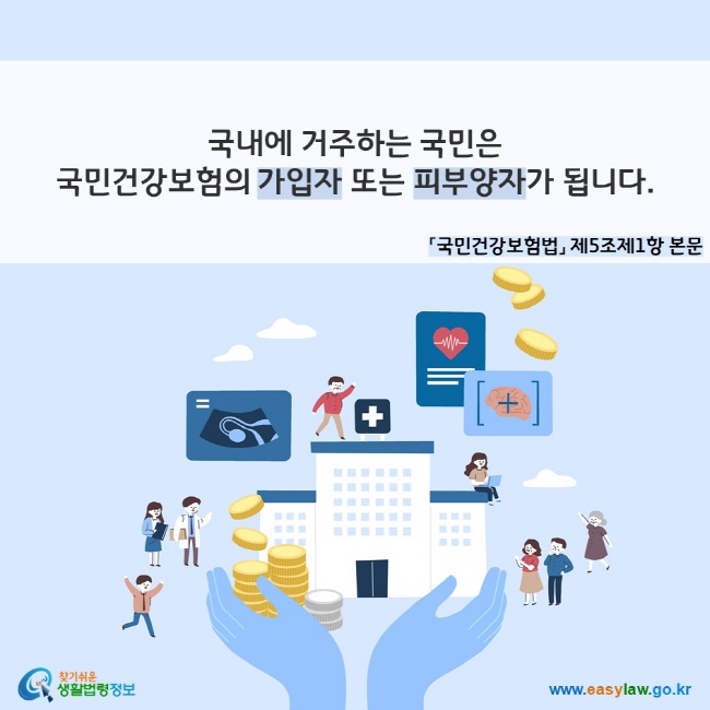 국내에 거주하는 국민은 국민건강보험의 가입자 또는 피부양자가 됩니다. 「국민건강보험법」 제5조제1항 본문
찾기쉬운 생활법령정보(www.easylaw.go.kr)