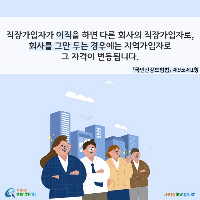 직장가입자가 이직을 하면 다른 회사의 직장가입자로, 회사를 그만 두는 경우에는 지역가입자로 그 자격이 변동됩니다. 「국민건강보험법」 제9조제1항
찾기쉬운 생활법령정보(www.easylaw.go.kr)
