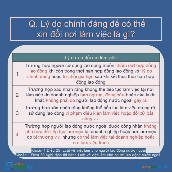  Q. Lý do chính đáng để có thể  xin đổi nơi làm việc là gì? Lý do xin đổi nơi làm việc 1 Trường hợp người sử dụng lao động muốn chấm dứt hợp đồng lao động khi còn trong thời hạn hợp đồng lao động với lý do chính đáng hoặc từ chối gia hạn sau khi kết thúc thời hạn hợp đồng lao động  2 Trường hợp xác nhận rằng không thể tiếp tục làm việc tại nơi làm việc do doanh nghiệp tạm ngưng, đóng cửa hoặc các lý do khác không phải do người lao động nước ngoài gây ra  3 Trường hợp xác nhận rằng không thể tiếp tục làm việc do người sử dụng lao động vi phạm điều kiện làm việc hoặc đối xử bất công v.v. 4 Trường hợp người lao động nước ngoài được công nhận không phù hợp để tiếp tục làm việc tại doanh nghiệp hoặc nơi làm việc do bị thương v.v. nhưng có thể làm việc tại doanh nghiệp hoặc nơi làm việc khác  Khoản 1 Điều 25  Luật về việc làm cho người lao động nước ngoài Khoản 1 Điều 30 Nghị định thi hành Luật về việc làm cho người lao động nước ngoài