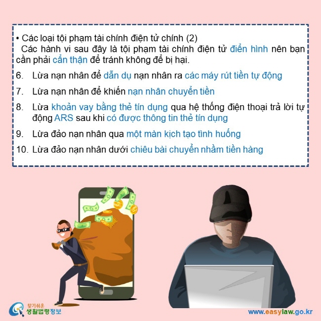 • Các loại tội phạm tài chính điện tử chính (2)   Các hành vi sau đây là tội phạm tài chính điện tử điển hình nên bạn cần phải cẩn thận để tránh không để bị hại. 6. Lừa nạn nhân để dẫn dụ nạn nhân ra các máy rút tiền tự động 7. Lừa nạn nhân để khiến nạn nhân chuyển tiền 8. Lừa khoản vay bằng thẻ tín dụng qua hệ thống điện thoại trả lời tự động ARS sau khi có được thông tin thẻ tín dụng 9. Lừa đảo nạn nhân qua một màn kịch tạo tình huống 10. Lừa đảo nạn nhân dưới chiêu bài chuyển nhầm tiền hàng