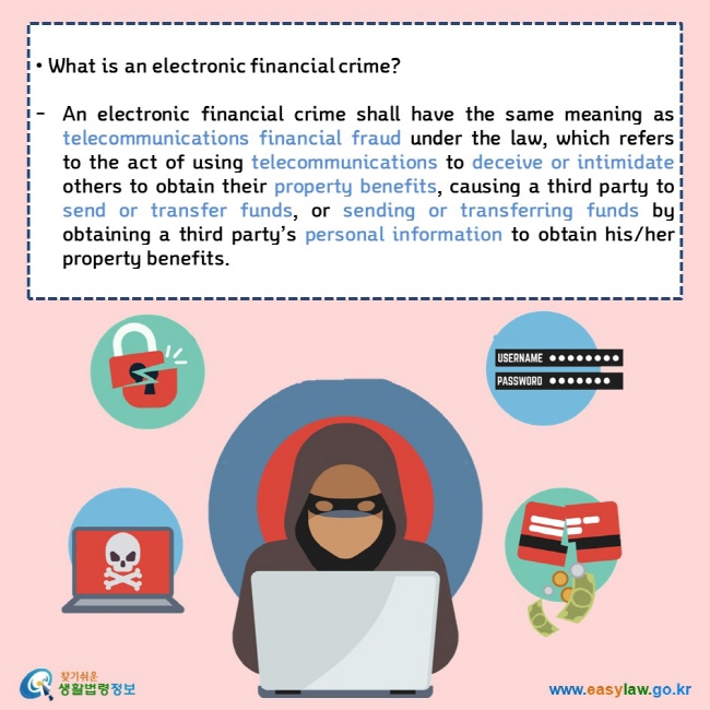  • What is an electronic financial crime?  An electronic financial crime shall have the same meaning as telecommunications financial fraud under the law, which refers to the act of using telecommunications to deceive or intimidate others to obtain their property benefits, causing a third party to send or transfer funds, or sending or transferring funds by obtaining a third party’s personal information to obtain his/her property benefits.