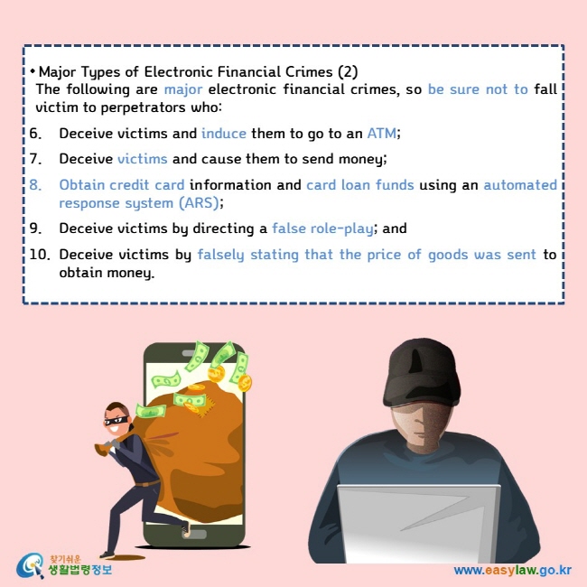• Major Types of Electronic Financial Crimes (2) The following are major electronic financial crimes, so be sure not to fall victim to perpetrators who:  6. Deceive victims and induce them to go to an ATM; 7. Deceive victims and cause them to send money;  8. Obtain credit card information and card loan funds using an automated response system (ARS); 9. Deceive victims by directing a false role-play; and 10. Deceive victims by falsely stating that the price of goods was sent to obtain money.