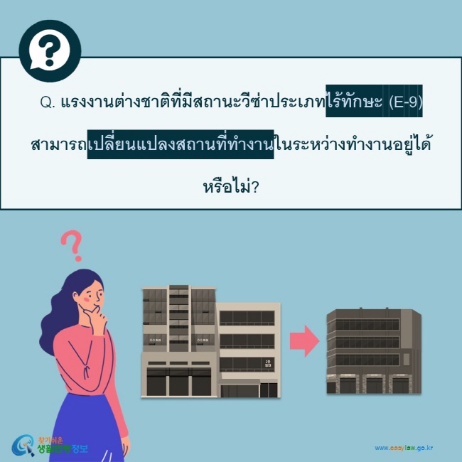 Q. แรงงานต่างชาติที่มีสถานะวีซ่าประเภทไร้ทักษะ (E-9) สามารถเปลี่ยนแปลงสถานที่ทำงานในระหว่างทำงานอยู่ได้หรือไม่? 