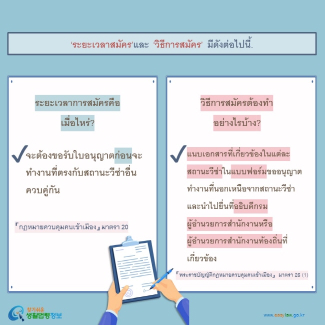 ‘ระยะเวลาสมัคร’และ ‘วิธีการสมัคร’ มีดังต่อไปนี้. ระยะเวลาการสมัครคือเมื่อไหร่?  จะต้องขอรับใบอนุญาตก่อนจะทำงานที่ตรงกับสถานะวีซ่าอื่นควบคู่กัน 「กฎหมายควบคุมคนเข้าเมือง」 มาตรา 20 วิธีการสมัครต้องทำอย่างไรบ้าง?  แนบเอกสารที่เกี่ยวข้องในแต่ละสถานะวีซ่าในแบบฟอร์มขออนุญาตทำงานที่นอกเหนือจากสถานะวีซ่า และนำไปยื่นที่อธิบดีกรม ผู้อำนวยการสำนักงานหรือผู้อำนวยการสำนักงานท้องถิ่นที่เกี่ยวข้อง   「พระราชบัญญัติกฎหมายควบคุมคนเข้าเมือง」 มาตรา 25 (1)  