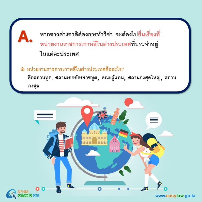 A. หากชาวต่างชาติต้องการทำวีซ่า จะต้องไปยื่นเรื่องที่หน่วยงานราชการเกาหลีในต่างประเทศที่ประจำอยู่ในแต่ละประเทศ ※ หน่วยงานราชการเกาหลีในต่างประเทศคืออะไร?       คือสถานทูต, สถานเอกอัครราชทูต, คณะผู้แทน, สถานกงสุลใหญ่, สถานกงสุล
