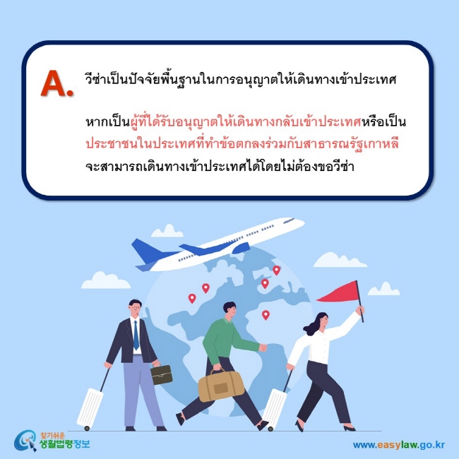 A. วีซ่าเป็นปัจจัยพื้นฐานในการอนุญาตให้เดินทางเข้าประเทศ    หากเป็นผู้ที่ได้รับอนุญาตให้เดินทางกลับเข้าประเทศหรือเป็นประชาชนในประเทศที่ทำข้อตกลงร่วมกับสาธารณรัฐเกาหลี จะสามารถเดินทางเข้าประเทศได้โดยไม่ต้องขอวีซ่า