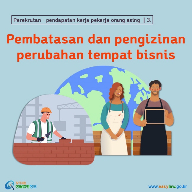 Perekrutan · pendapatan kerja pekerja orang asing ┃3. Pembatasan dan pengizinan perubahan tempat bisnis www.easylaw.go.kr