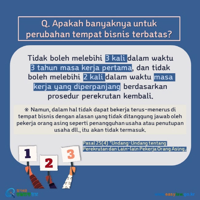 Q. Apakah banyaknya untuk perubahan tempat bisnis terbatas?  Tidak boleh melebihi 3 kali dalam waktu 3 tahun masa kerja pertama, dan tidak boleh melebihi 2 kali dalam waktu masa kerja yang diperpanjang berdasarkan prosedur perekrutan kembali. ※ Namun, dalam hal tidak dapat bekerja terus-menerus di tempat bisnis dengan alasan yang tidak ditanggung jawab oleh pekerja orang asing seperti penangguhan usaha atau penutupan usaha dll., itu akan tidak termasuk. Pasal 25(4) 「Undang-Undang tentang Perekrutan dan Lain-lain Pekerja Orang Asing」 