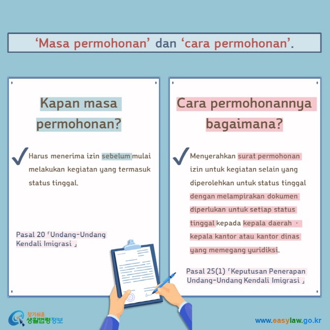 ‘Masa permohonan’ dan ‘cara permohonan’. Kapan masa permohonan?  Harus menerima izin sebelum mulai melakukan kegiatan yang termasuk status tinggal. Pasal 20 「Undang-Undang Kendali Imigrasi 」 Cara permohonannya bagaimana?  Menyerahkan surat permohonan izin untuk kegiatan selain yang diperolehkan untuk status tinggal dengan melampirakan dokumen diperlukan untuk setiap status tinggal kepada kepala daerah ㆍ kepala kantor atau kantor dinas yang memegang yuridiksi. Pasal 25(1) 「Keputusan Penerapan Undang-Undang Kendali Imigrasi 」