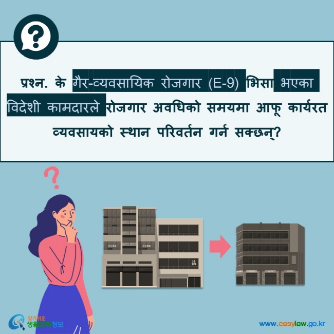 प्रश्न. के गैर-व्यवसायिक रोजगार (E-9) भिसा भएका विदेशी कामदारले रोजगार अवधिको समयमा आफू कार्यरत व्यवसायको स्थान परिवर्तन गर्न सक्छन्?