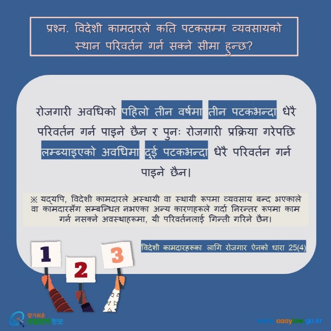 प्रश्न. विदेशी कामदारले कति पटकसम्म व्यवसायको स्थान परिवर्तन गर्न सक्ने सीमा हुन्छ?रोजगारी अवधिको पहिलो तीन वर्षमा तीन पटकभन्दा धेरै परिवर्तन गर्न पाइने छैन र पुनः रोजगारी प्रक्रिया गरेपछि लम्ब्याइएको अवधिमा दुई पटकभन्दा धेरै परिवर्तन गर्न पाइने छैन। ※ यद्यपि, विदेशी कामदारले अस्थायी वा स्थायी रूपमा व्यवसाय बन्द भएकाले वा कामदारसँग सम्बन्धित नभएका अन्य कारणहरूले गर्दा निरन्तर रूपमा काम गर्न नसक्ने अवस्थाहरूमा, यी परिवर्तनलाई गिन्ती गरिने छैन। विदेशी कामदारहरूका लागि रोजगार ऐनको धारा 25(4) 