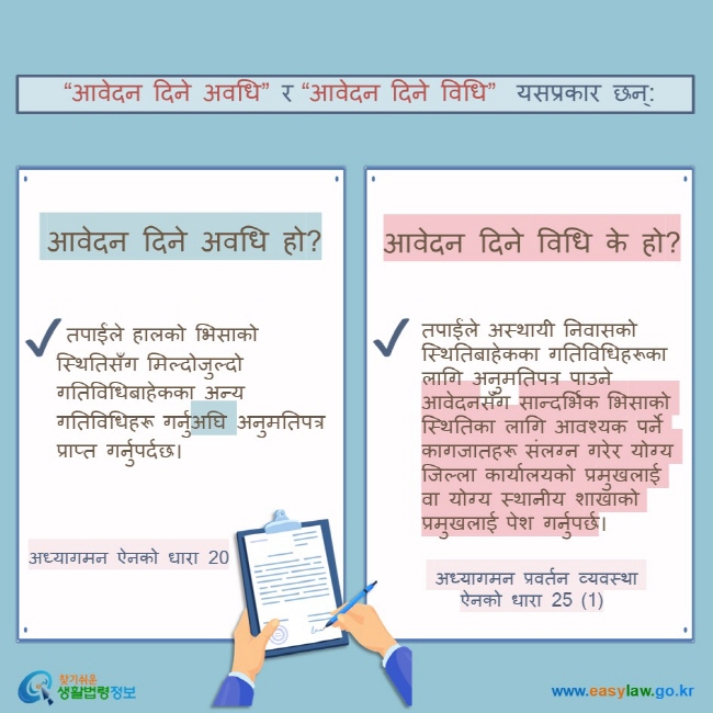  “आवेदन दिने अवधि” र “आवेदन दिने विधि”  यसप्रकार छन्:  आवेदन दिने अवधि हो?  तपाईंले हालको भिसाको स्थितिसँग मिल्दोजुल्दो गतिविधिबाहेकका अन्य गतिविधिहरू गर्नुअघि अनुमतिपत्र प्राप्त गर्नुपर्दछ। अध्यागमन ऐनको धारा 20 आवेदन दिने विधि के हो?  तपाईंले अस्थायी निवासको स्थितिबाहेकका गतिविधिहरूका लागि अनुमतिपत्र पाउने आवेदनसँग सान्दर्भिक भिसाको स्थितिका लागि आवश्यक पर्ने कागजातहरू संलग्न गरेर योग्य जिल्ला कार्यालयको प्रमुखलाई वा योग्य स्थानीय शाखाको प्रमुखलाई पेश गर्नुपर्छ।  अध्यागमन प्रवर्तन व्यवस्था ऐनको धारा 25 (1)
