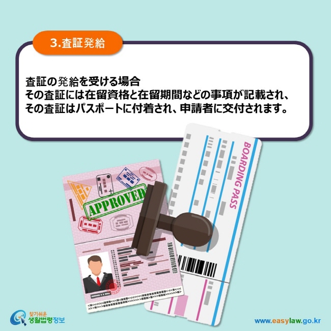 3.査証発給 査証の発給を受ける場合 その査証には在留資格と在留期間などの事項が記載され、 その査証はパスポートに付着され、申請者に交付されます。