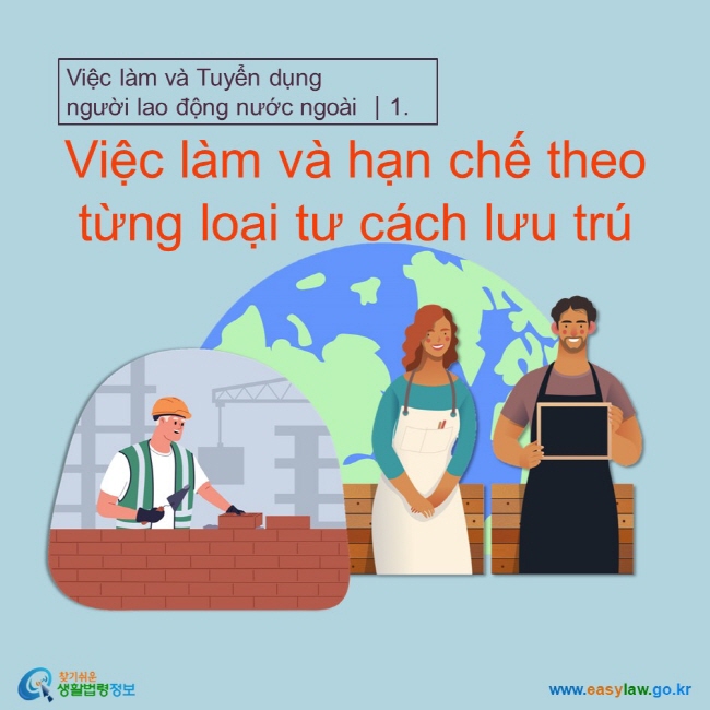 Việc làm và Tuyển dụng  người lao động nước ngoài ┃1. Việc làm và hạn chế theo từng loại tư cách lưu trú www.easylaw.go.kr