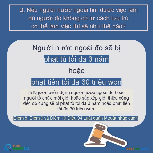 Q. Nếu người nước ngoài tìm được việc làm  dù người đó không có tư cách lưu trú  có thể làm việc thì sẽ như thế nào? Người nước ngoài đó sẽ bị phạt tù tối đa 3 năm hoặc  phạt tiền tối đa 30 triệu won ※ Người tuyển dụng người nước ngoài đó hoặc người tổ chức môi giới hoặc sắp xếp giới thiệu công việc đó cũng sẽ bị phạt tù tối đa 3 năm hoặc phạt tiền tối đa 30 triệu won. Điểm 8, Điểm 9 và Điểm 10 Điều 94 Luật quản lý xuất nhập cảnh 