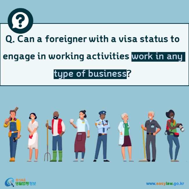 Q. Can a foreigner with a visa status to engage in working activities work in any type of business?