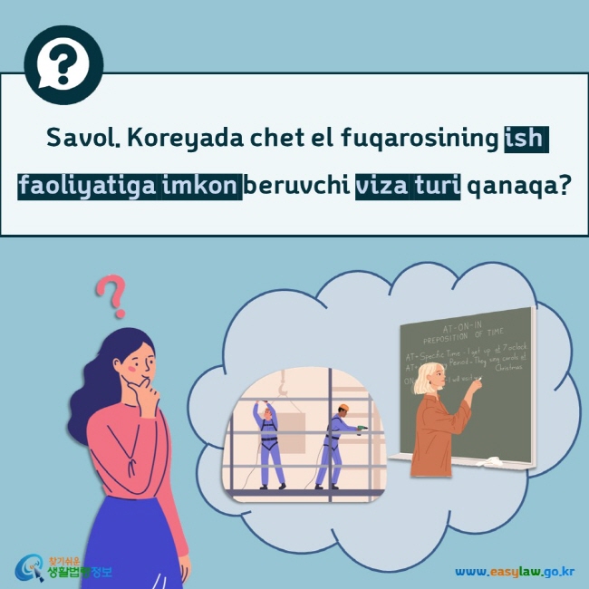 Savol. Koreyada chet el fuqarosining ish faoliyatiga imkon beruvchi viza turi qanaqa?