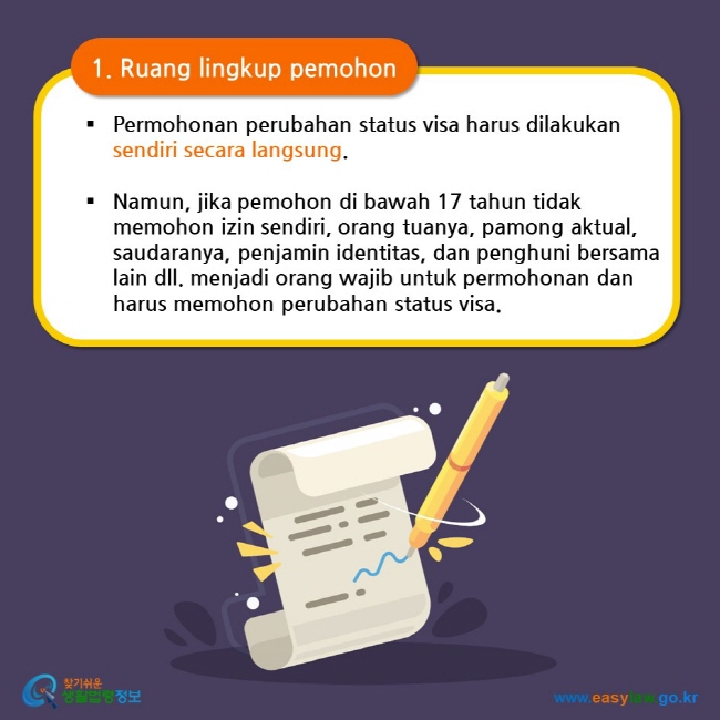 1. Ruang lingkup pemohon Permohonan perubahan status visa harus dilakukan sendiri secara langsung.   Namun, jika pemohon di bawah 17 tahun tidak memohon izin sendiri, orang tuanya, pamong aktual, saudaranya, penjamin identitas, dan penghuni bersama lain dll. menjadi orang wajib untuk permohonan dan harus memohon perubahan status visa.