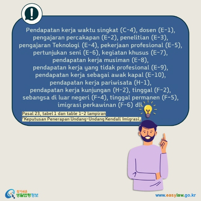 Pendapatan kerja waktu singkat (C-4), dosen (E-1), pengajaran percakapan (E-2), penelitian (E-3), pengajaran Teknologi (E-4), pekerjaan profesional (E-5), pertunjukan seni (E-6), kegiatan khusus (E-7), pendapatan kerja musiman (E-8), pendapatan kerja yang tidak profesional (E-9), pendapatan kerja sebagai awak kapal (E-10), pendapatan kerja pariwisata (H-1), pendapatan kerja kunjungan (H-2), tinggal (F-2), sebangsa di luar negeri (F-4), tinggal permanen (F-5), imigrasi perkawinan (F-6) dll.  Pasal 23, tabel 1 dan table 1-2 lampiran「Keputusan Penerapan Undang-Undang Kendali Imigrasi」