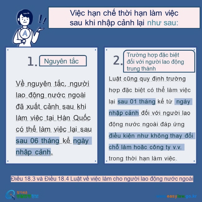 Việc hạn chế thời hạn làm việc  sau khi nhập cảnh lại như sau:  Nguyên tắc Trường hợp đặc biệt  đối với người lao động trung thành Về nguyên tắc, người lao động nước ngoài đã xuất cảnh sau khi làm việc tại Hàn Quốc có thể làm việc lại sau sau 06 tháng kể ngày nhập cảnh.  Luật cũng quy định trường hợp đặc biệt có thể làm việc lại sau 01 tháng kể từ  ngày nhập cảnh đối với người lao động nước ngoài đáp ứng điều kiện như không thay đổi chỗ làm hoặc công ty v.v. trong thời hạn làm việc. Điều 18.3 và Điều 18.4 Luật về việc làm cho người lao động nước ngoài 