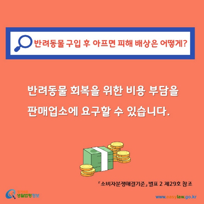 반려동물 구입 후 아프면 피해 배상은 어떻게?
반려동물 회복을 위한 비용 부담을 판매업소에 요구할 수 있습니다.
찾기쉬운생활법령정보 www.easylaw. go.kr