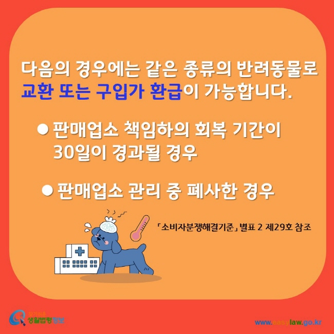 다음의 경우에는 같은 종류의 반려동물로 교환 또는 구입가 환급이 가능합니다. 판매업소 책임하의 회복 기간이 30일이 경과될 경우 판매업소 관리 중 폐사한 경우
찾기쉬운생활법령정보 www.easylaw. go.kr