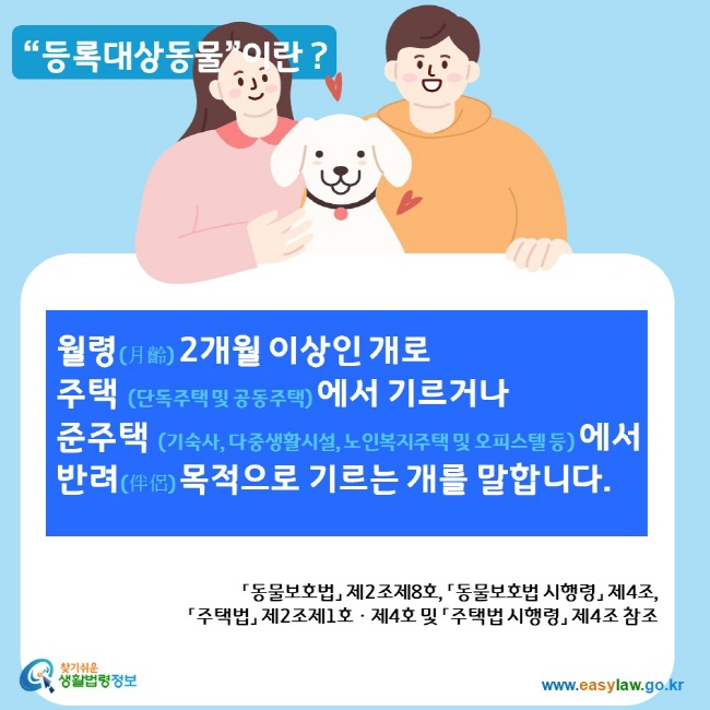 등록대상동물이란? 월령 2개월 이상인 개로 주택(단독주택 및 공동주택)에서 기르거나 준주택(기숙사, 다중생활시설, 노인복지주택 및 오피스텔 등)에서 반려목적으로 기르는 개를 말합니다. 찾기쉬운생활법령정보 www.easylaw.go.kr