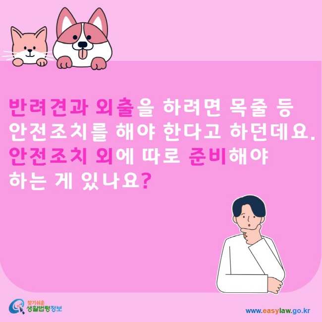 반려견과 외출을 하려면 목줄 등 안전조치를 해야 한다고 하던데요. 안전조치 외에 따로 준비해야 하는 게 있나요? 찾기쉬운생활법령정보 www.easylaw.go.kr