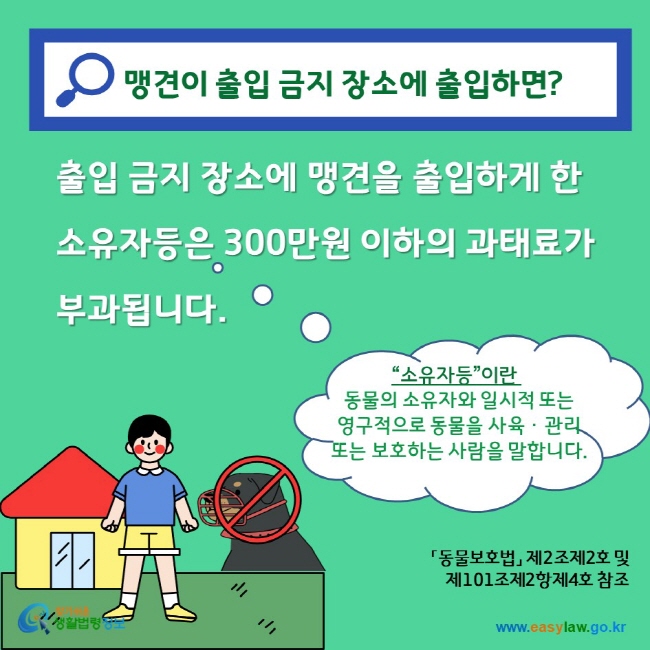 맹견이 출입 금지 장소에 출입하면? 출입 금지 장소에 맹견을 출입하게 한 소유자등은 300만원 이하의 과태료가 부과됩니다. 소유자등이란 동물의 소유자와 일시적 또는 영구적으로 동물을 사육 관리 또는 보호하는 사람을 말합니다. 찾기쉬운생활법령정보 www.easylaw.go.kr