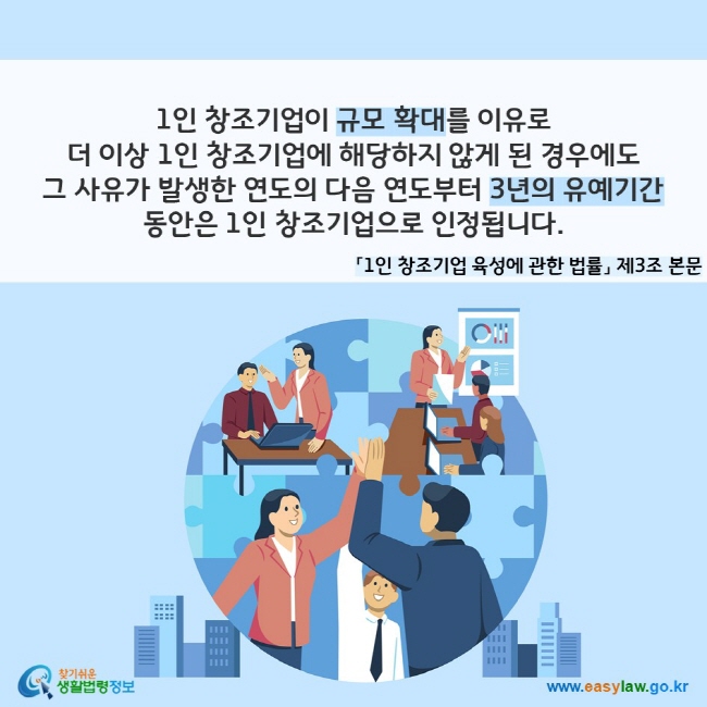 1인 창조기업이 규모 확대를 이유로 더 이상 1인 창조기업에 해당하지 않게 된 경우에도 그 사유가 발생한 연도의 다음 연도부터 3년의 유예기간 동안은 1인 창조기업으로 인정됩니다. 「1인 창조기업 육성에 관한 법률」 제3조 본문
찾기쉬운 생활법령정보(www.easylaw.go.kr)