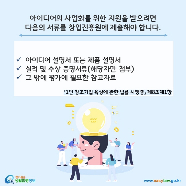 아이디어의 사업화를 위한 지원을 받으려면 다음의 서류를 창업진흥원에 제출해야 합니다. 「1인 창조기업 육성에 관한 법률 시행령」 제8조제1항 
- 아이디어 설명서 또는 제품 설명서
- 실적 및 수상 증명서류(해당자만 첨부)
- 그 밖에 평가에 필요한 참고자료
찾기쉬운 생활법령정보(www.easylaw.go.kr)