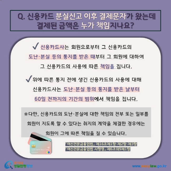 Q. 신용카드 분실신고 이후 결제문자가 왔는데 결제된 금액은 누가 책임지나요?  V 신용카드사는 회원으로부터 그 신용카드의  도난·분실 등의 통지를 받은 때부터 그 회원에 대하여  그 신용카드의 사용에 따른 책임을 집니다. V  위에 따른 통지 전에 생긴 신용카드의 사용에 대해  신용카드사는 도난·분실 등의 통지를 받은 날부터 60일 전까지의 기간의 범위에서 책임을 집니다. ※다만, 신용카드의 도난·분실에 대한 책임의 전부 또는 일부를  회원이 지도록 할 수 있다는 취지의 계약을 체결한 경우에는  회원이 그에 따른 책임을 질 수 있습니다. 「여신전문금융업법」 제16조제1항·제2항·제3항 「여신전문금융업법 시행령」 제6조의9제1항 