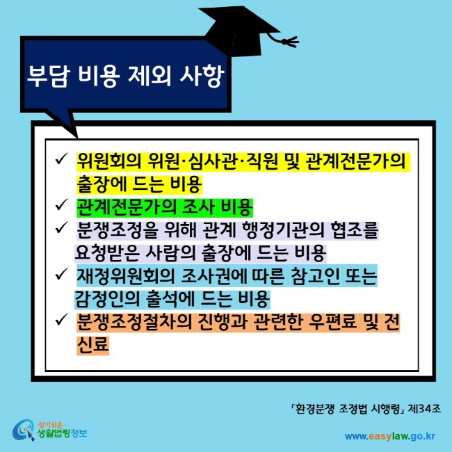 부담 비용 제외 사항 위원회의 위원 심사관 직원 및 관계전문가의 출장에 드는 비용, 관계전문가의 조사 비용, 분쟁조정을 위해 관계 행정기관의 협조를 요청받은 사람의 출장에 드는 비용, 재정위원회의 조사권에 따른 참고인 또는 감정인의 출석에 드는 비용, 분쟁조정절차의 진행과 관련한 우편료 및 전신료 찾기쉬운생활법령정보 www.easylaw.go.kr
