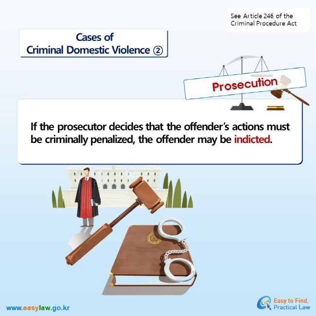 See Article 246 of the Criminal Procedure Act Cases ofCriminal Domestic Violence ② Prosecution If the prosecutor decides that the offender’s actions must be criminally penalized, the offender may be indicted.