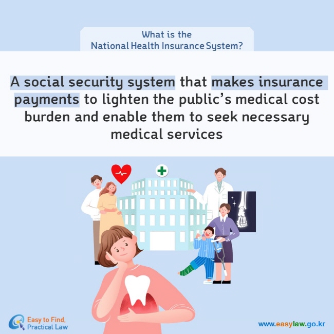 What is the National Health Insurance System? A social security system that makes insurance payments to lighten the public’s medical cost burden and enable them to seek necessary medical services