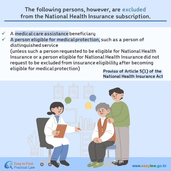 The following persons, however, are excludedfrom the National Health Insurance subscription.  A medical care assistance beneficiary A person eligible for medical protection, such as a person of distinguished service (unless such a person requested to be eligible for National Health Insurance or a person eligible for National Health Insurance did not request to be excluded from insurance eligibility after becoming eligible for medical protection) Proviso of Article 5(1) of the National Health Insurance Act 