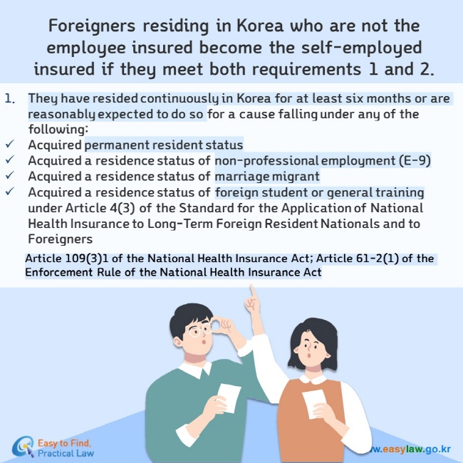 Foreigners residing in Korea who are not the employee insured become the self-employed insured if they meet both requirements 1 and 2.  They have resided continuously in Korea for at least six months or are reasonably expected to do so for a cause falling under any of the following: Acquired permanent resident status Acquired a residence status of non-professional employment (E-9) Acquired a residence status of marriage migrant Acquired a residence status of foreign student or general training under Article 4(3) of the Standard for the Application of National Health Insurance to Long-Term Foreign Resident Nationals and to Foreigners Article 109(3)1 of the National Health Insurance Act; Article 61-2(1) of the Enforcement Rule of the National Health Insurance Act