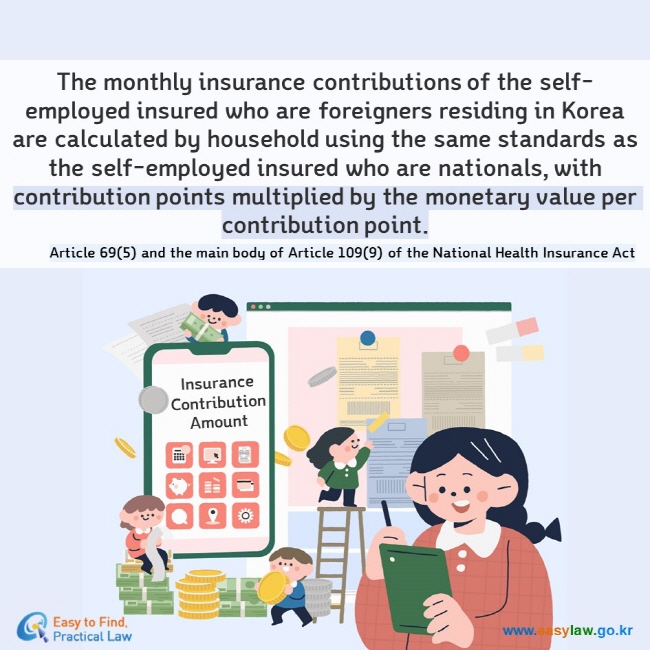 The monthly insurance contriutions of the self-employed insured who are foreigners residing in Korea are calculated by household using the same standards as the self-employed insured who are nationals, with contribution points multiplied by the monetary value per contribution point. Article 69(5) and the main body of Article 109(9) of the National Health Insurance Act