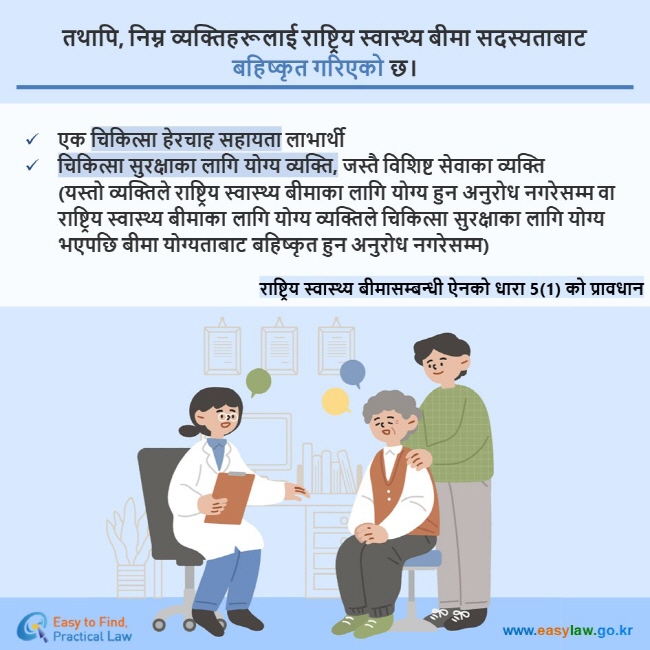 तथापि, निम्न व्यक्तिहरूलाई राष्ट्रिय स्वास्थ्य बीमा सदस्यताबाट बहिष्कृत गरिएको छ।  एक चिकित्सा हेरचाह सहायता लाभार्थी चिकित्सा सुरक्षाका लागि योग्य व्यक्ति, जस्तै विशिष्ट सेवाका व्यक्ति (यस्तो व्यक्तिले राष्ट्रिय स्वास्थ्य बीमाका लागि योग्य हुन अनुरोध नगरेसम्म वा राष्ट्रिय स्वास्थ्य बीमाका लागि योग्य व्यक्तिले चिकित्सा सुरक्षाका लागि योग्य भएपछि बीमा योग्यताबाट बहिष्कृत हुन अनुरोध नगरेसम्म) राष्ट्रिय स्वास्थ्य बीमासम्बन्धी ऐनको धारा 5(1) को प्रावधान 