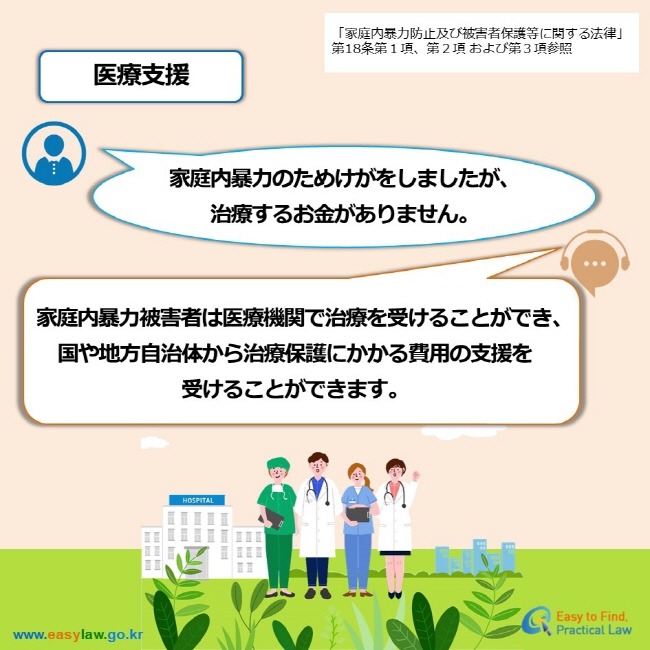 「家庭内暴力防止及び被害者保護等に関する法律」第18条第１項、第２項 および第３項参照 医療支援 家庭内暴力のためけがをしましたが、 治療するお金がありません。 家庭内暴力被害者は医療機関で治療を受けることができ、 国や地方自治体から治療保護にかかる費用の支援を 受けることができます。 