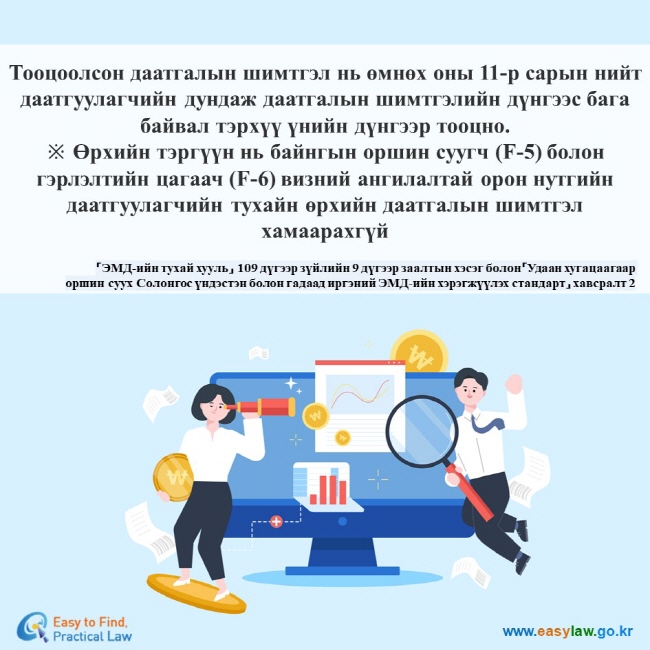 Тооцоолсон даатгалын шимтгэл нь өмнөх оны 11-р сарын нийт даатгуулагчийн дундаж даатгалын шимтгэлийн дүнгээс бага байвал тэрхүү үнийн дүнгээр тооцно. ※ Өрхийн тэргүүн нь байнгын оршин суугч (F-5) болон гэрлэлтийн цагаач (F-6) визний ангилалтай орон нутгийн даатгуулагчийн тухайн өрхийн даатгалын шимтгэл хамаарахгүй  「ЭМД-ийн тухай хууль」 109 дүгээр зүйлийн 9 дүгээр заалтын хэсэг болон「Удаан хугацаагаар оршин суух Солонгос үндэстэн болон гадаад иргэний ЭМД-ийн хэрэгжүүлэх стандарт」 хавсралт 2 
