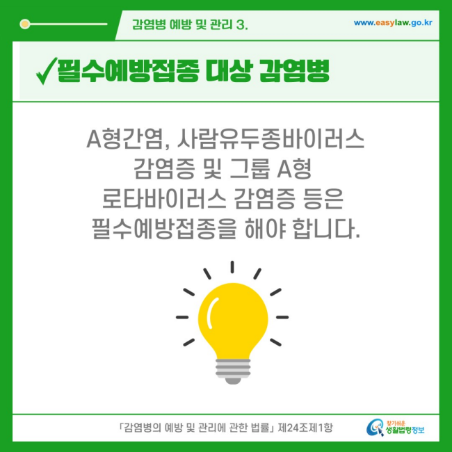 필수예방접종 대상 감염병
A형간염, 사람유두종바이러스 감염증 및 그룹 A형 로타바이러스 감염증 등은 필수예방접종을 해야 합니다.
「감염병의 예방 및 관리에 관한 법률」 제24조제1항
찾기쉬운 생활법령정보(www.easylaw.go.kr)