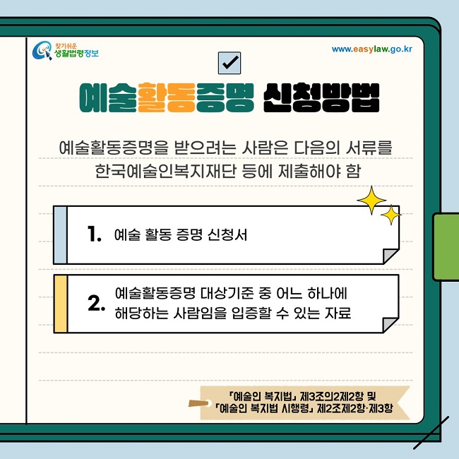 예술활동증명 신청방법
예술 활동 증명을 받으려는 사람은 한국예술인복지재단 등에 다음의 서류를 제출
1. 예술 활동 증명 신청서
2. 예술활동증명 대상기준 중 어느 하나에 해당하는 사람임을 입증할 수 있는 자료
「예술인 복지법」 제3조의2제2항 및 「예술인 복지법 시행령」 제2조제2항·제3항