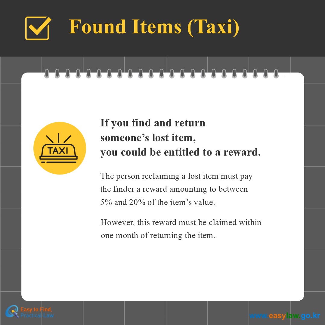 Found Items (Taxi)
If you find and returnsomeone’s lost item, you could be entitled to a reward.
The person reclaiming a lost item must paythe finder a reward amounting to between5% and 20% of the item’s value.
However, this reward must be claimed withinone month of returning the item.
