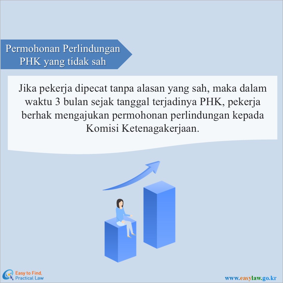 Permohonan Perlindungan PHK yang tidak sah
Jika pekerja dipecat tanpa alasan yang sah, maka dalam waktu 3 bulan sejak tanggal terjadinya PHK, pekerja berhak mengajukan permohonan perlindungan kepada Komisi Ketenagakerjaan.