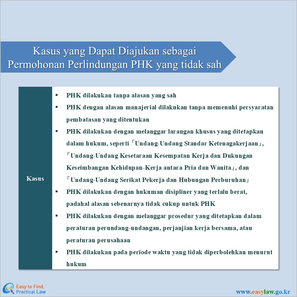 Kasus yang Dapat Diajukan sebagai Permohonan Perlindungan PHK yang tidak sah
Kasus
PHK dilakukan tanpa alasan yang sah
PHK dengan alasan manajerial dilakukan tanpa memenuhi persyaratan pembatasan yang ditentukan
PHK dilakukan dengan melanggar larangan khusus yang ditetapkan dalam hukum, seperti 「Undang-Undang Standar Ketenagakerjaan」, 「Undang-Undang Kesetaraan Kesempatan Kerja dan Dukungan Keseimbangan Kehidupan-Kerja antara Pria dan Wanita」, dan 「Undang-Undang Serikat Pekerja dan Hubungan Perburuhan」
PHK dilakukan dengan hukuman disipliner yang terlalu berat, padahal alasan sebenarnya tidak cukup untuk PHK
PHK dilakukan dengan melanggar prosedur yang ditetapkan dalam peraturan perundang-undangan, perjanjian kerja bersama, atau peraturan perusahaan
PHK dilakukan pada periode waktu yang tidak diperbolehkan menurut hukum
