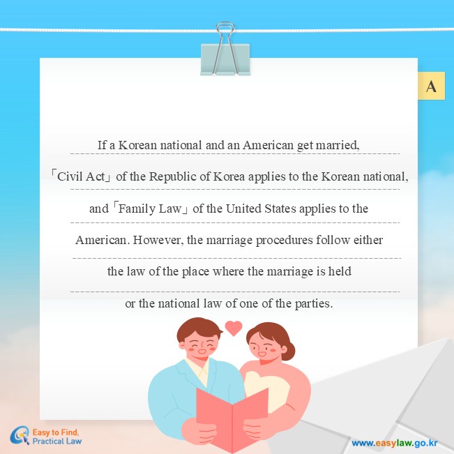 If a Korean national and an American get married, 「Civil Act」 of the Republic of Korea applies to the Korean national,and 「Family Law」 of the United States applies to the American.&nbsp;However, the marriage procedures follow eitherthe law of the place where the marriage is held or the national law of one of the parties.
