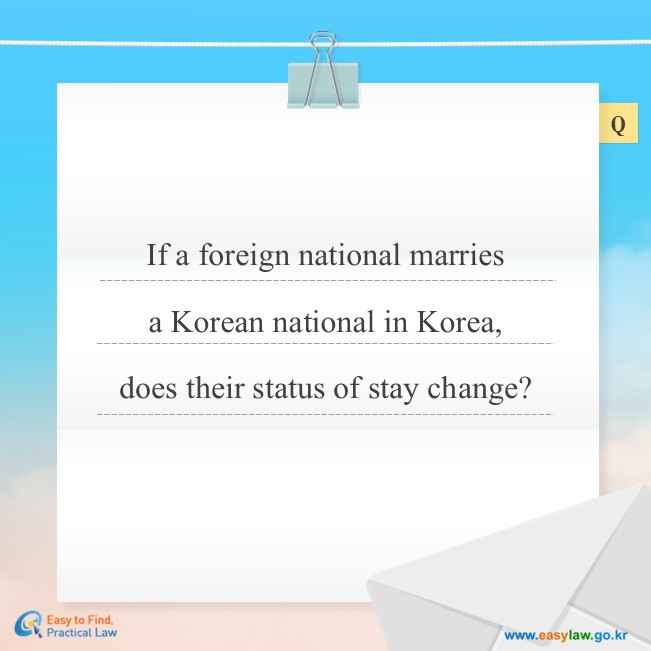 If a foreign national marriesa Korean national in Korea,does their status of stay change?
