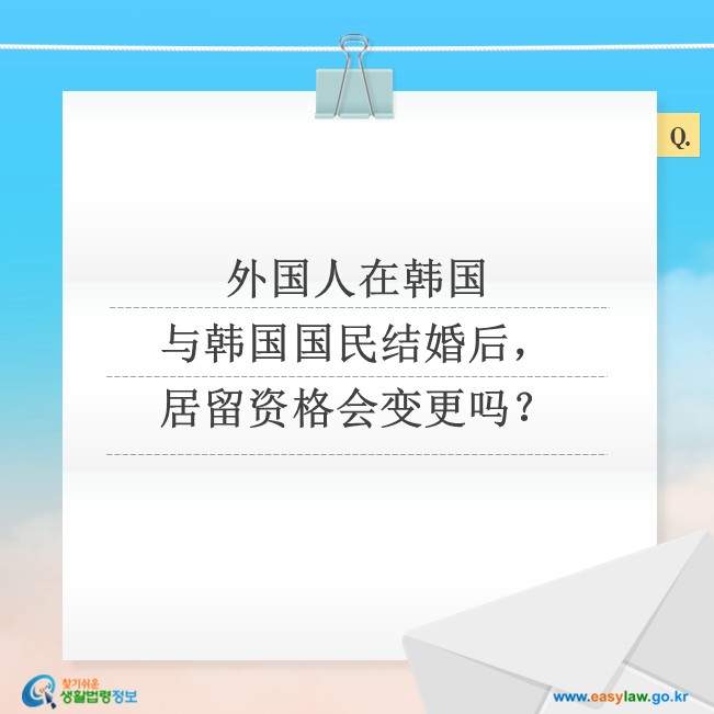 外国人在韩国与韩国国民结婚后，居留资格会变更吗？
