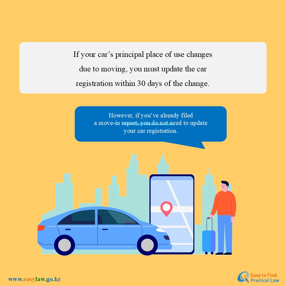 If your car’s principal place of use changes due to moving, you must update the car registration within 30 days of the change.
